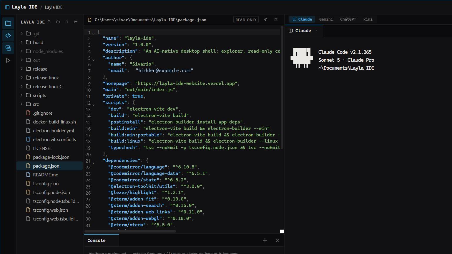 Layla IDE main window: file explorer with git status on the left, a read-only syntax-highlighted code viewer in the center, a console panel at the bottom, and an AI panel on the right showing an active Claude Code session with tabs for Gemini, ChatGPT, and Kimi.