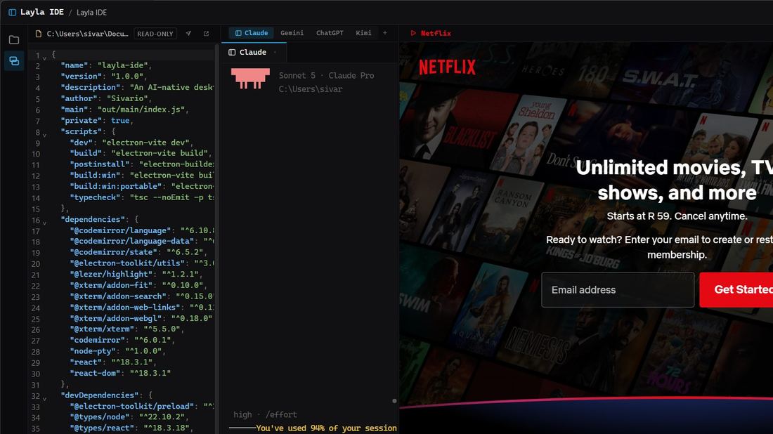 Layla IDE with the Netflix side panel expanded, showing Netflix's real browse page next to an active Claude Code session.
