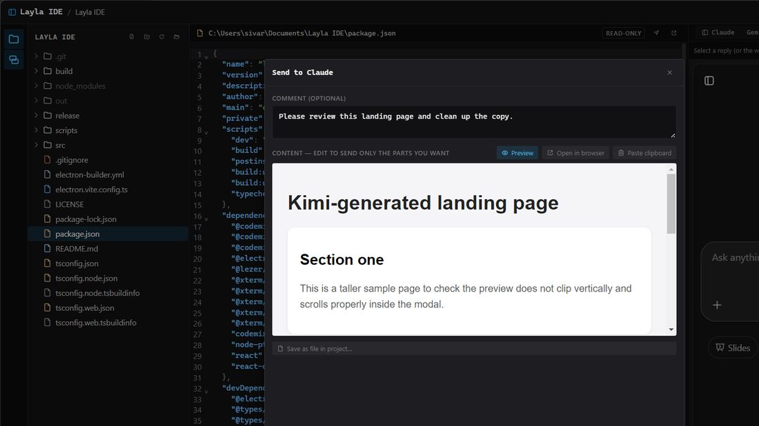 The Send to Claude compose window: a comment field, an editable content box with a live HTML preview of a generated landing page, and Preview / Open in browser / Paste clipboard actions.